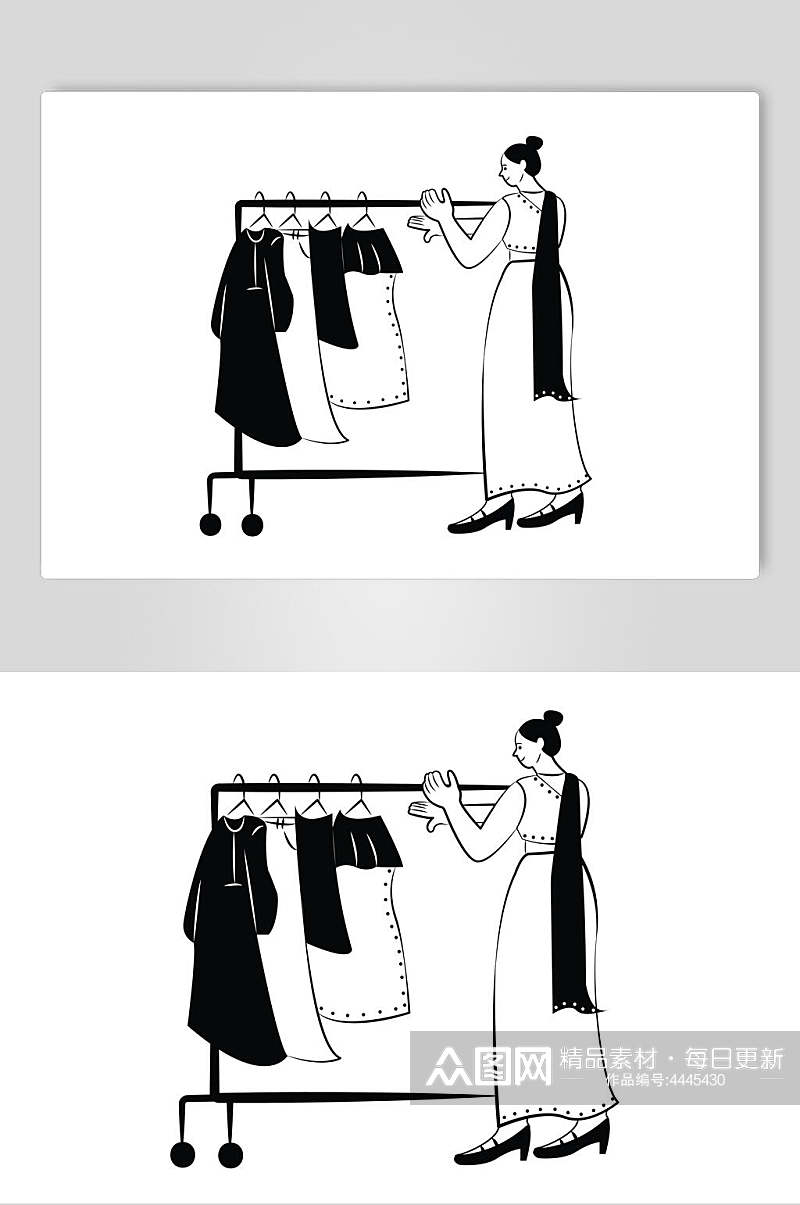 衣服裙子黑白色扁平化人物插画素材素材