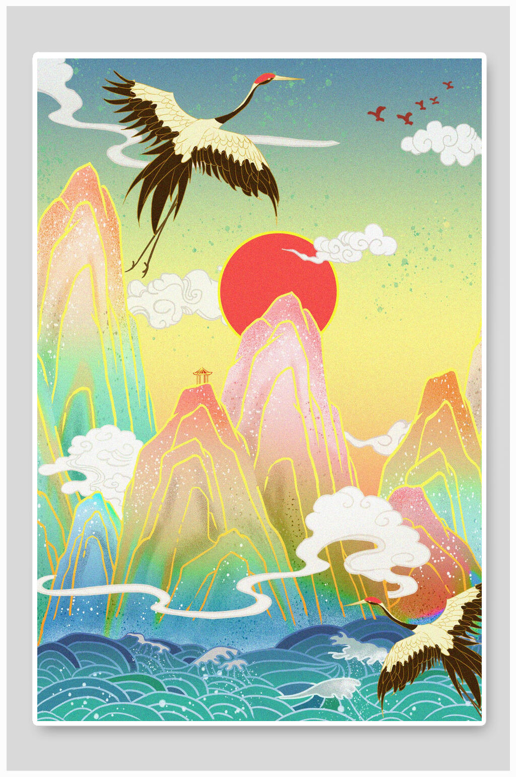 精美祥云仙鹤太阳国潮风插画素材