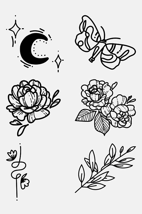 线条黑色蝴蝶简笔画花朵免抠素材