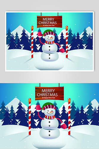 雪人树木蓝绿圣诞场景插画矢量素材