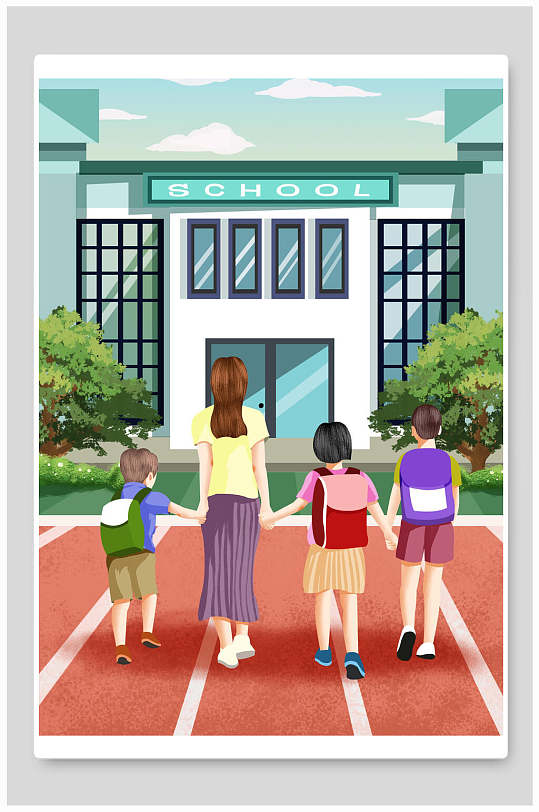 创意大气书包校园生活插画