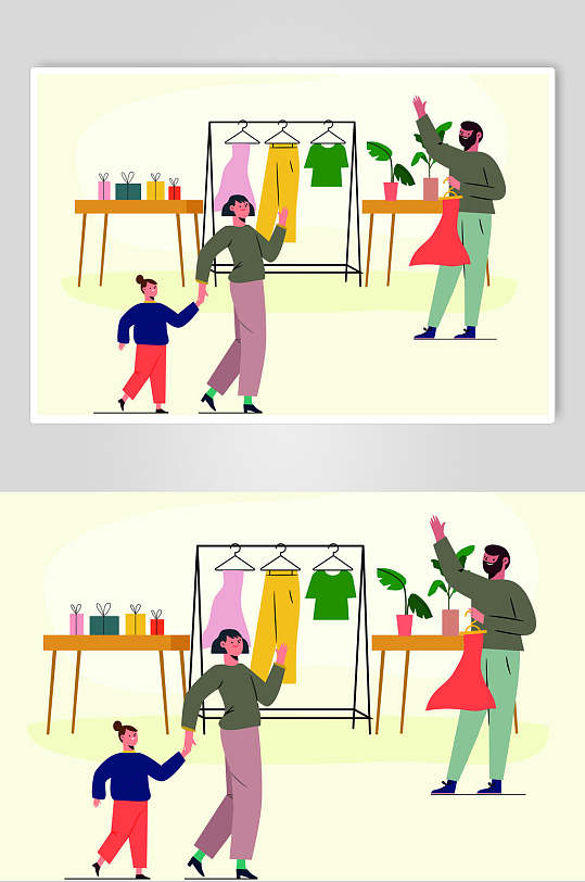 衣服绿色服装购物场景插画矢量素材