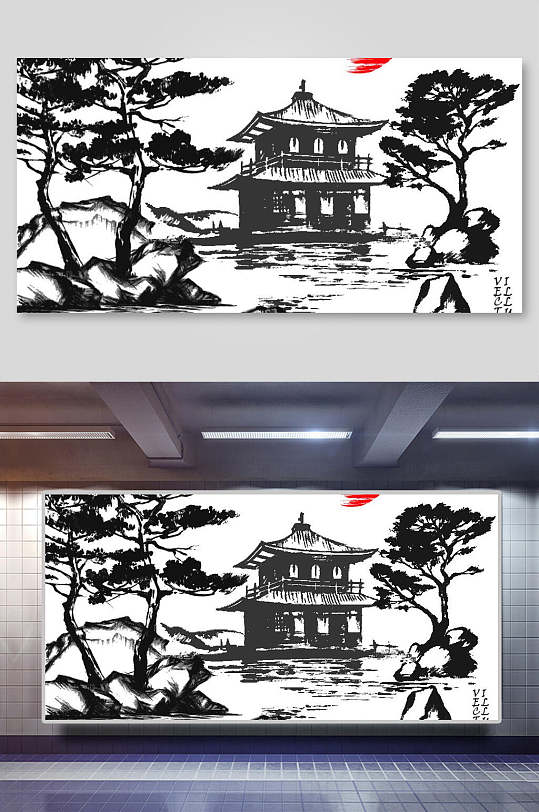 水墨风格房子日式山水矢量插画