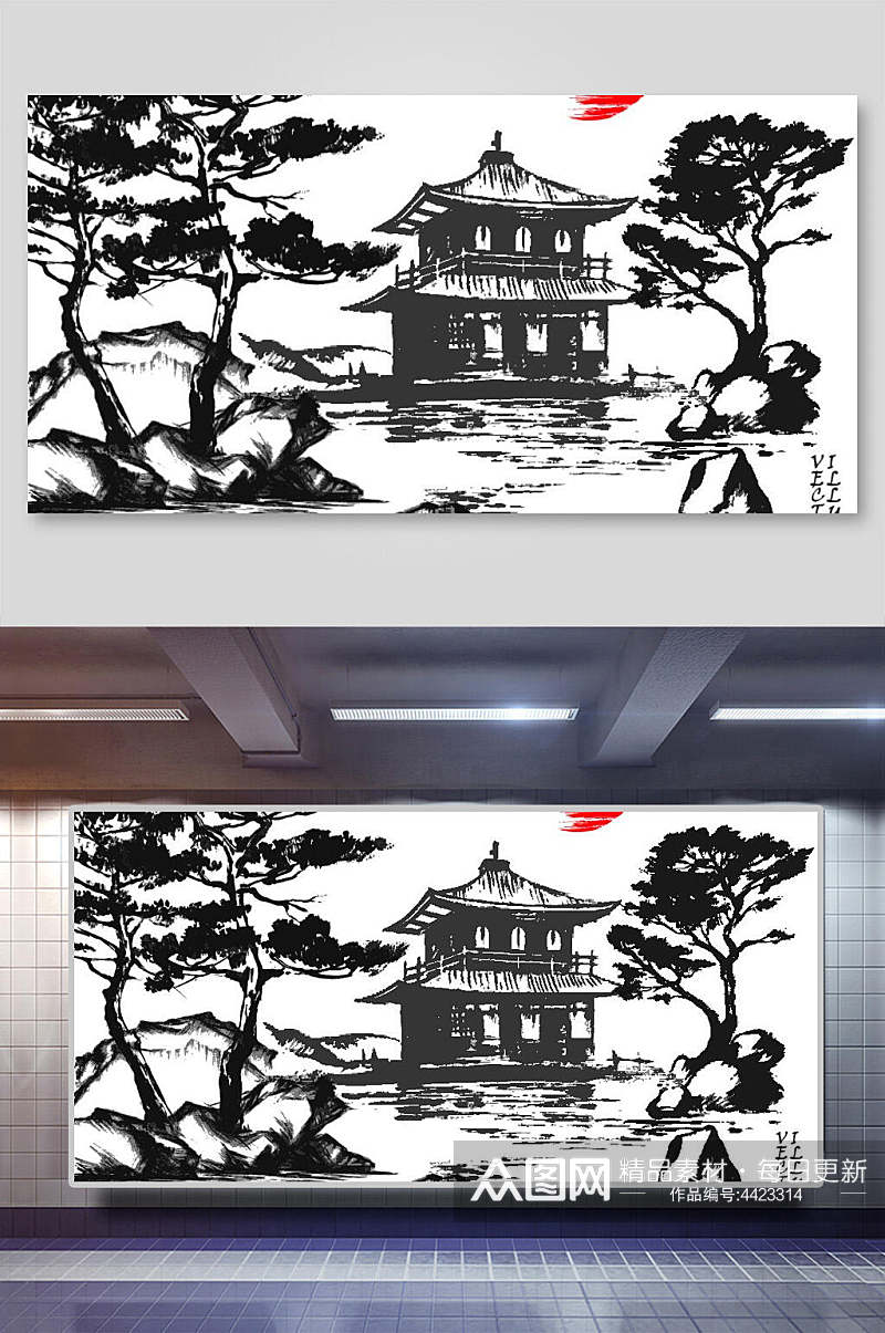 水墨风格房子日式山水矢量插画素材