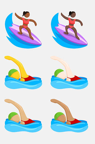 游泳滑板清新卡通人物图案免抠素材