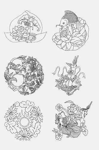 花卉古典线描纹样免抠素材