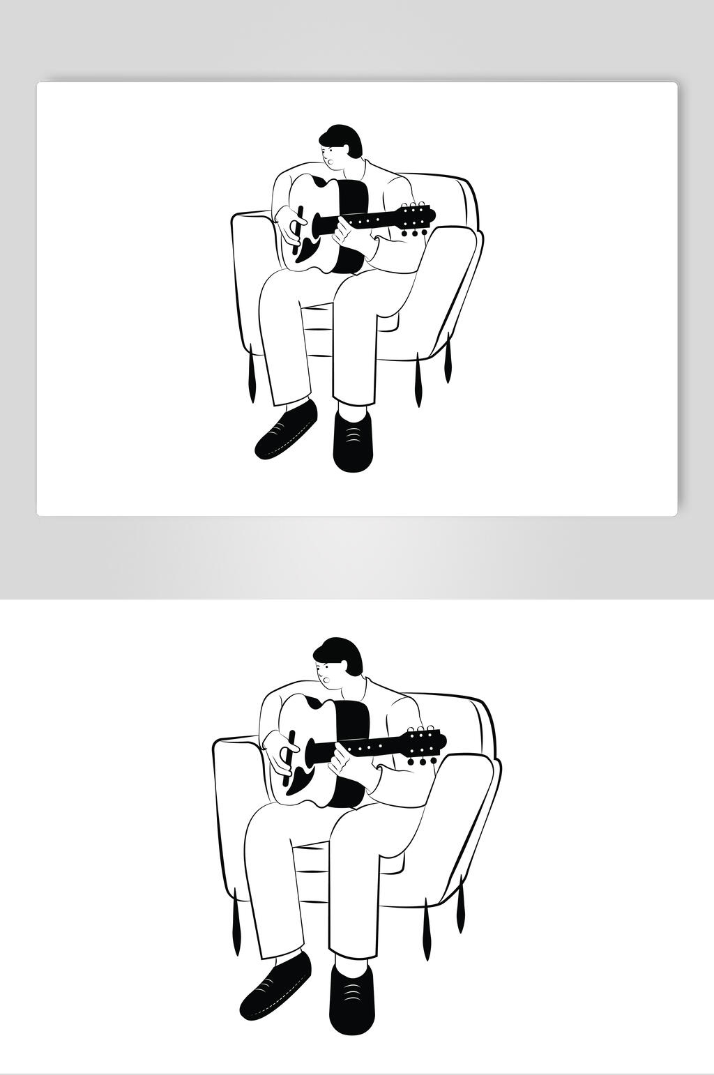沙发黑白手绘扁平化人物插画素材素材