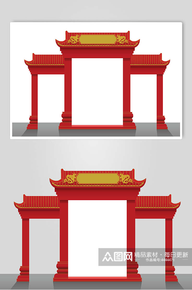 时尚扁平红色中式古代建筑矢量素材素材