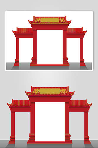 时尚扁平红色中式古代建筑矢量素材