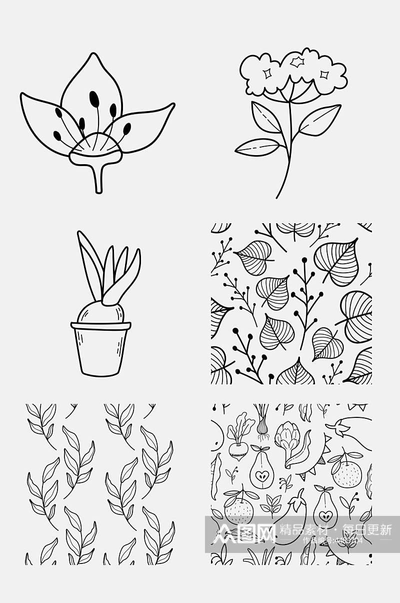 花朵叶子黑手绘动植物绘画免抠素材素材