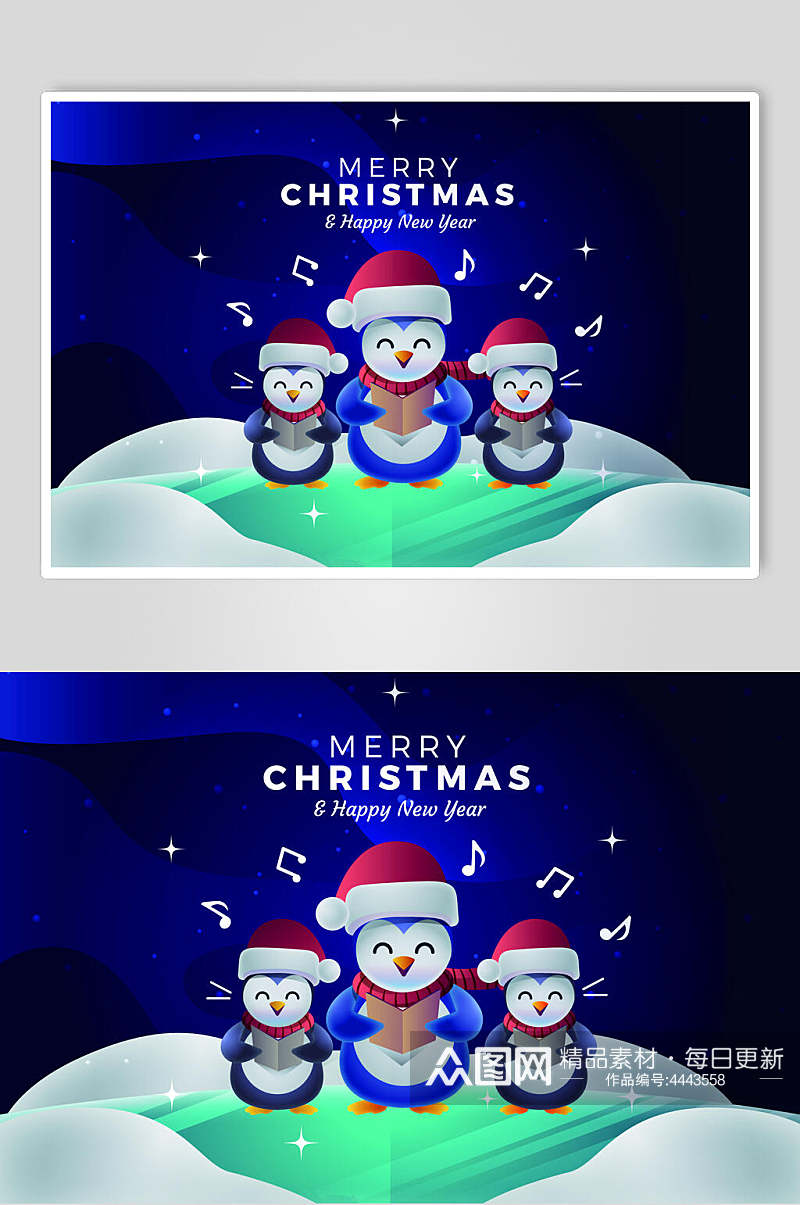 企鹅帽子蓝绿圣诞场景插画矢量素材素材