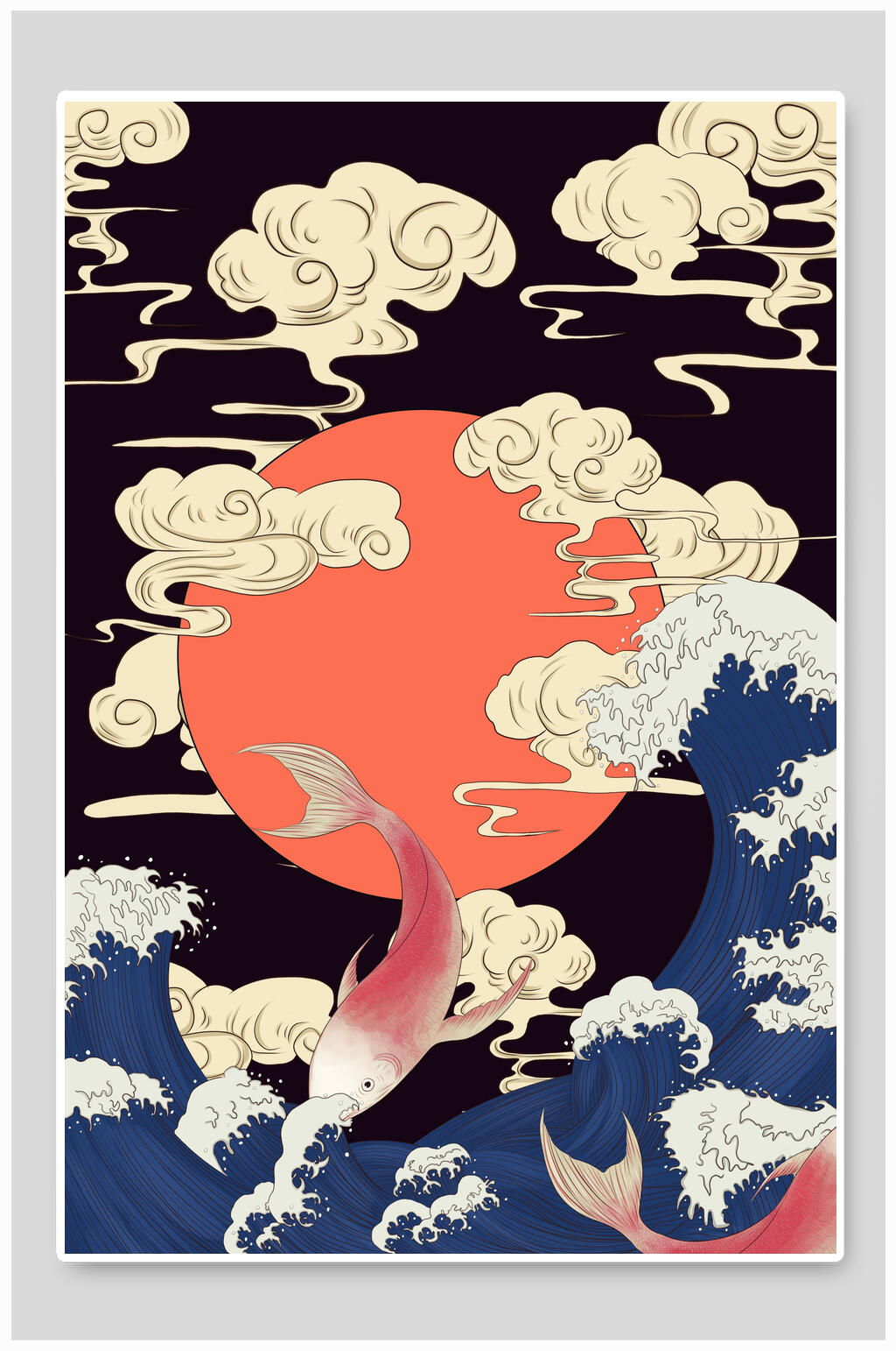 创意大气仙鹤波浪复古国潮鲤鱼插画素材