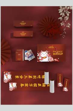 中文对联猫咪新年礼盒贴图样机