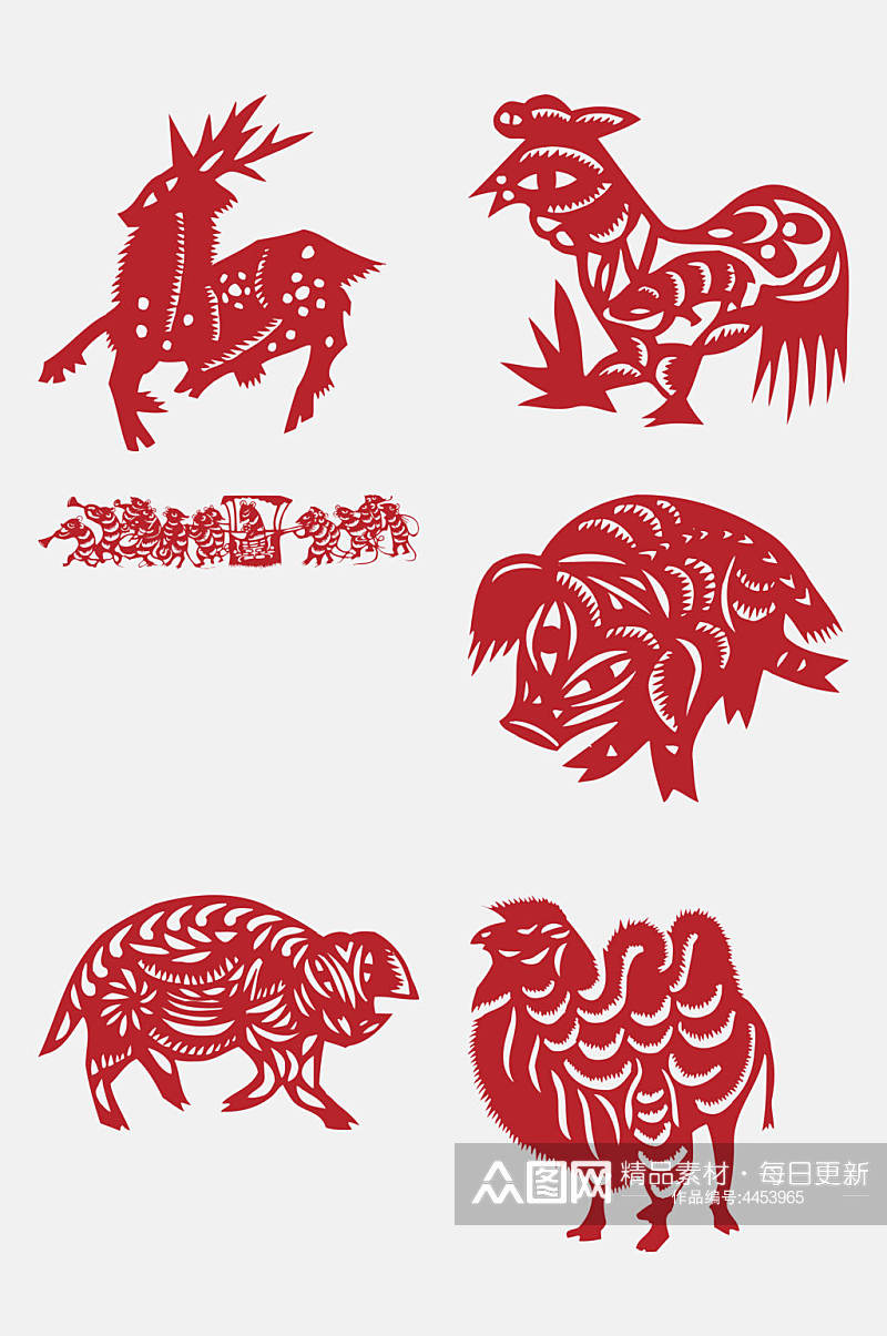 公鸡小猪动物生肖剪纸图案免抠素材素材