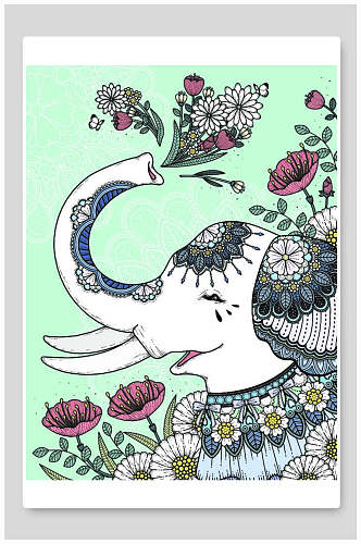大象花朵图案北欧动物矢量插画