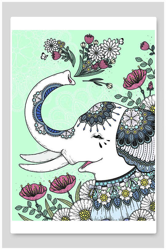大象花朵图案北欧动物矢量插画