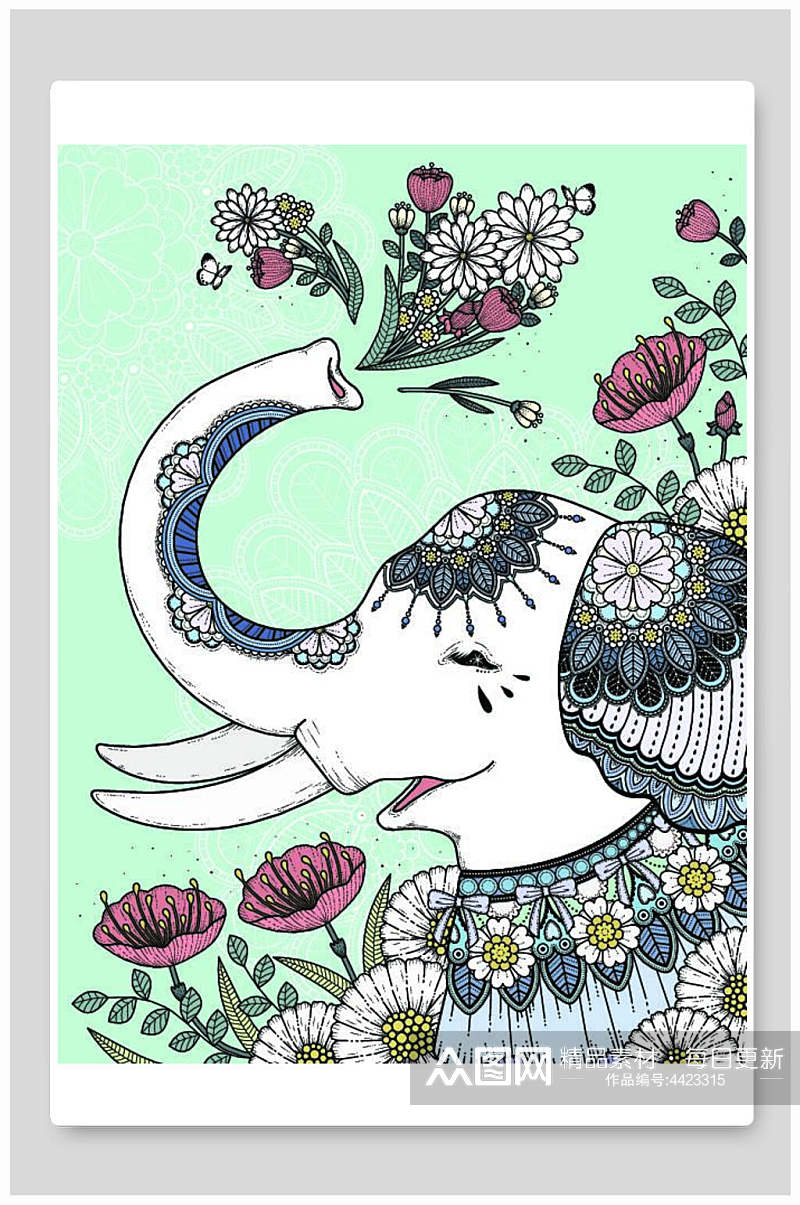 大象花朵图案北欧动物矢量插画素材