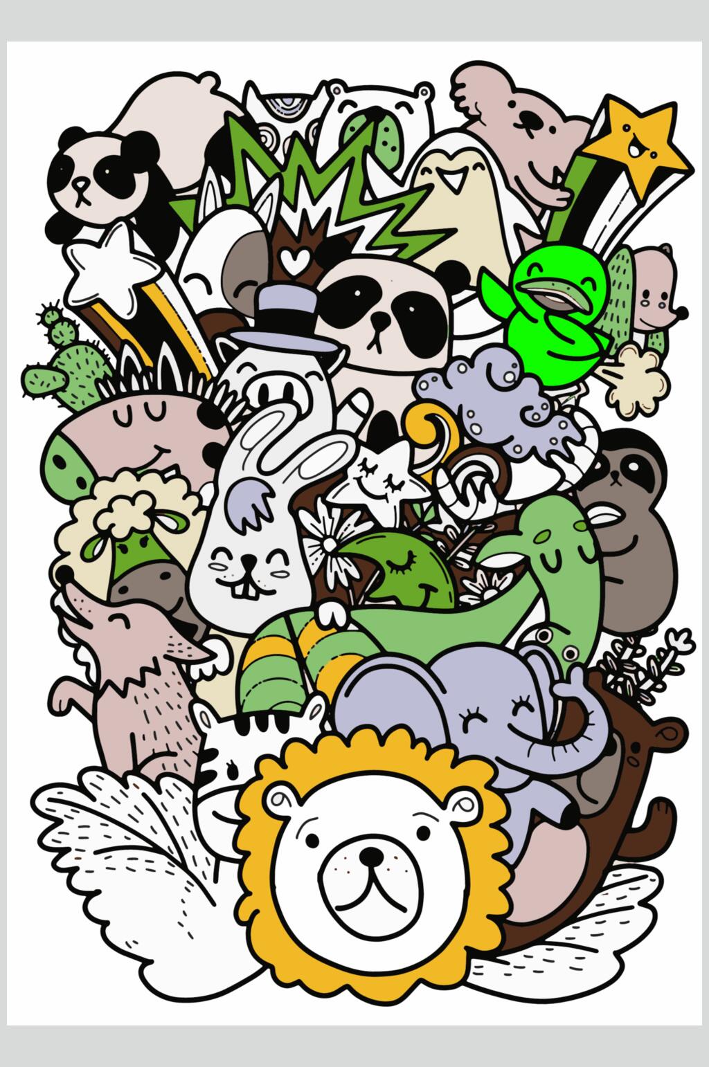狮子熊猫可爱小鸟涂鸦插画矢量素材素材