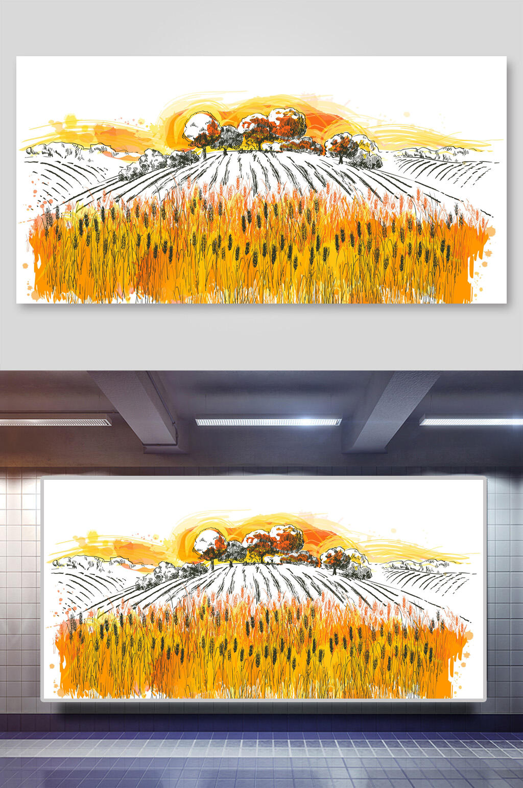 手绘乡村农场风景矢量插画素材