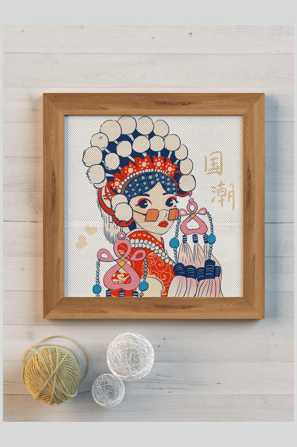 毛线团国朝女中式扇子贴图样机素材