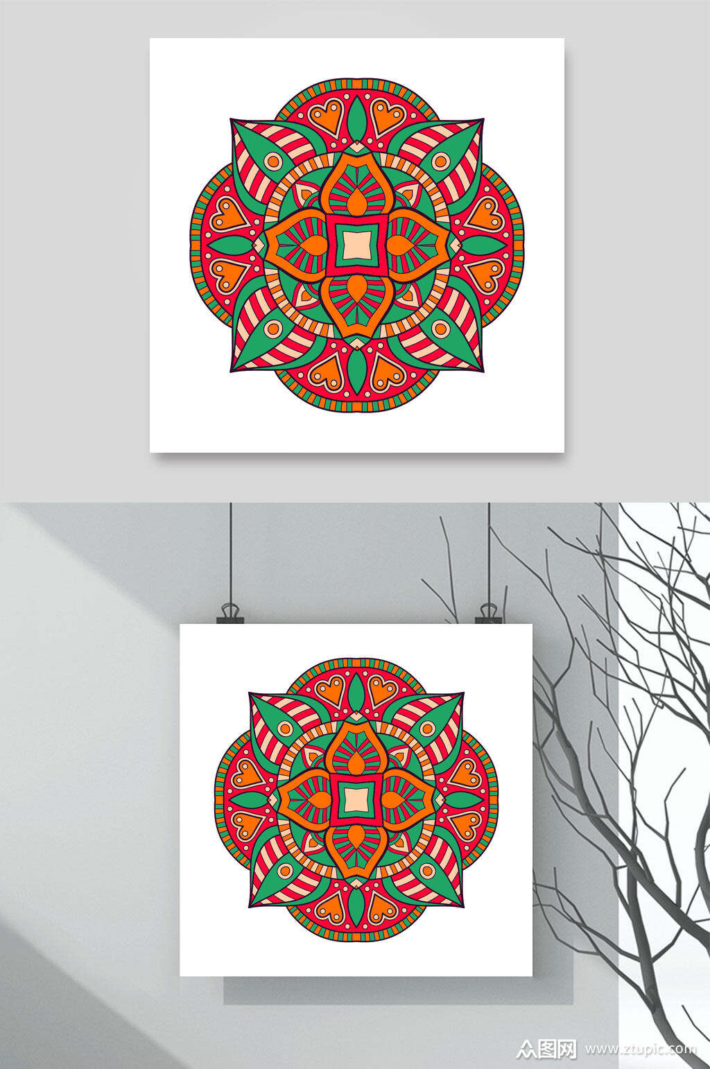 红绿线条手绘中国风图案矢量素材素材