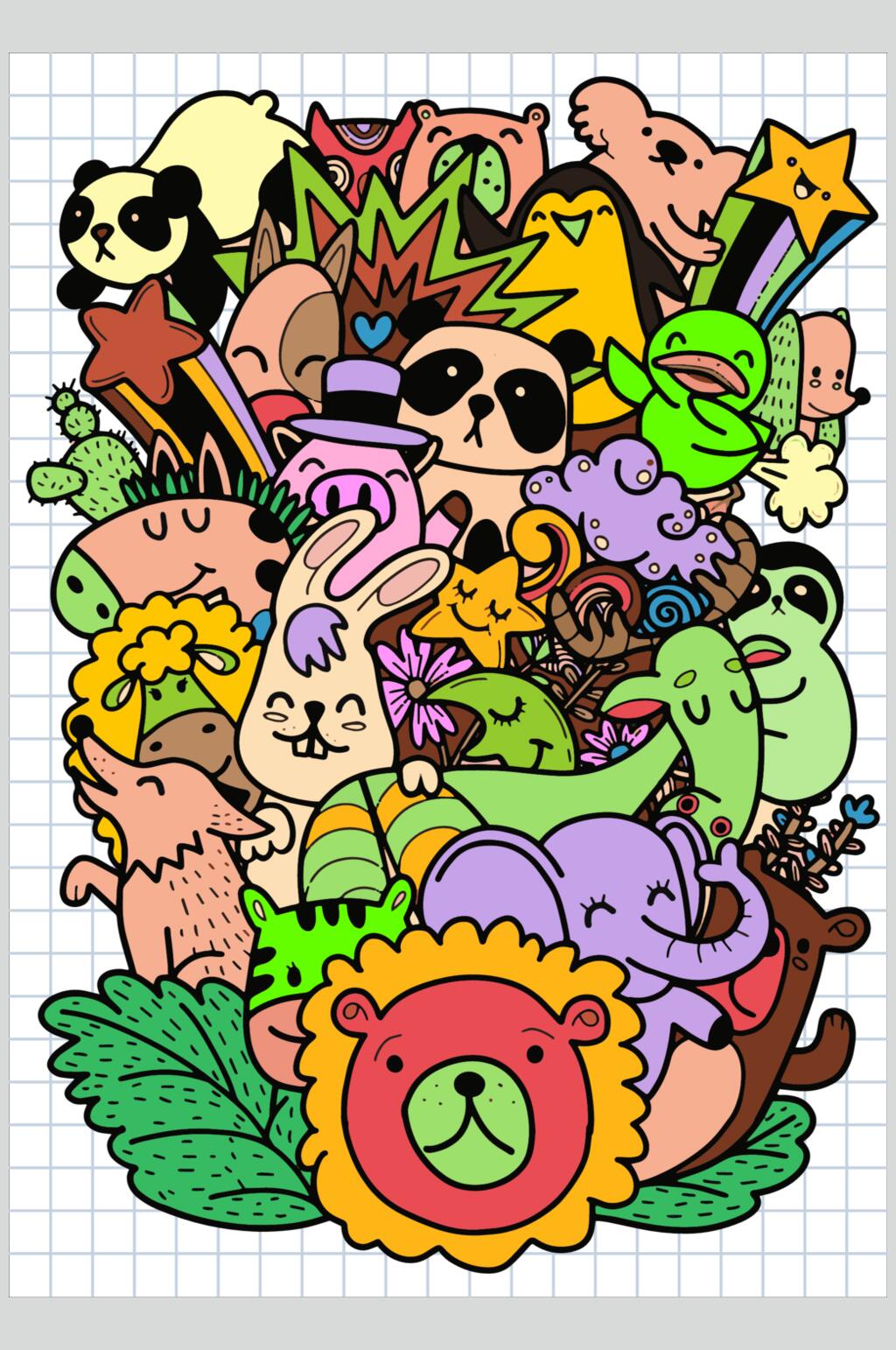 狮子可爱熊猫手绘涂鸦插画矢量素材素材