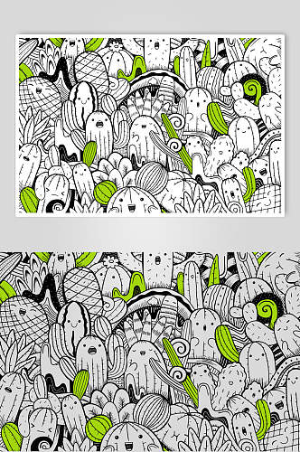 植物笑脸绿灰时尚涂鸦插画矢量素材