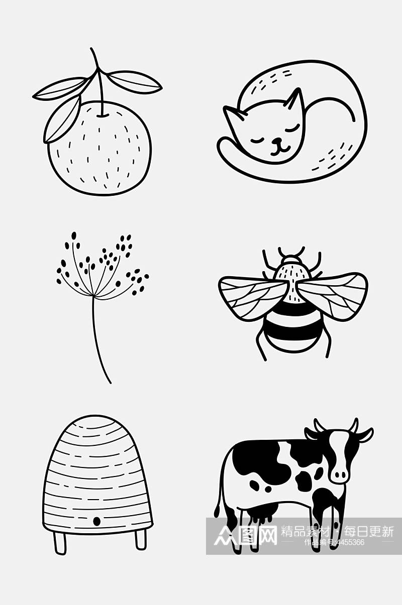 叶子黑奶牛手绘动植物绘画免抠素材素材