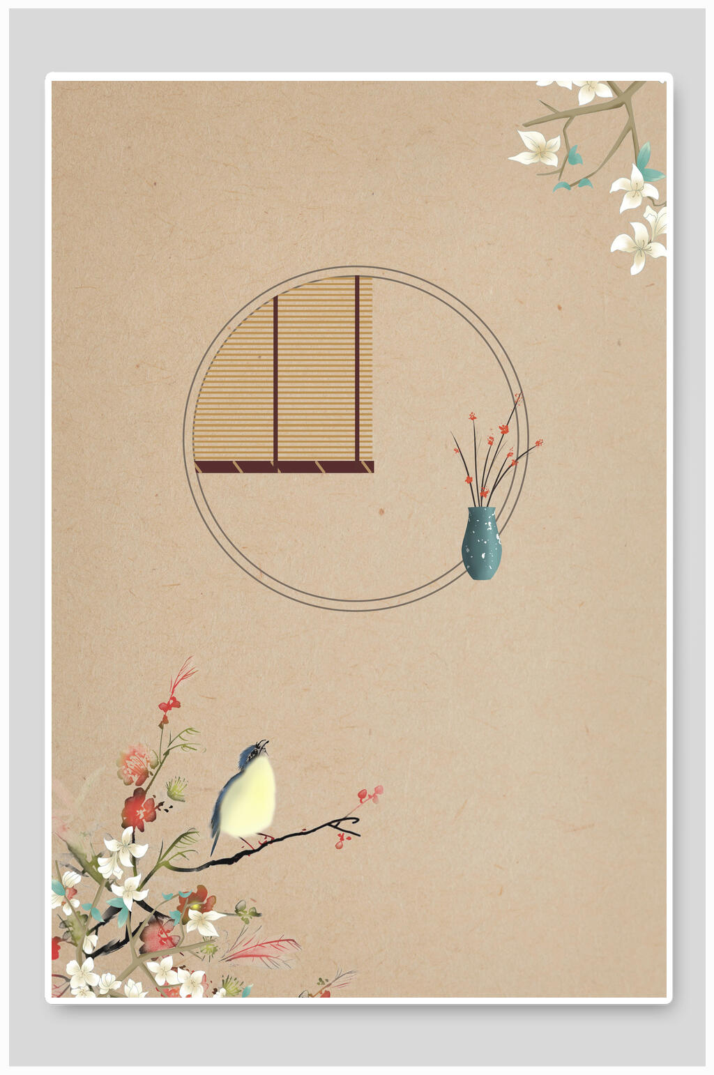 瓶子花朵小鸟黄清新古风工笔画背景素材