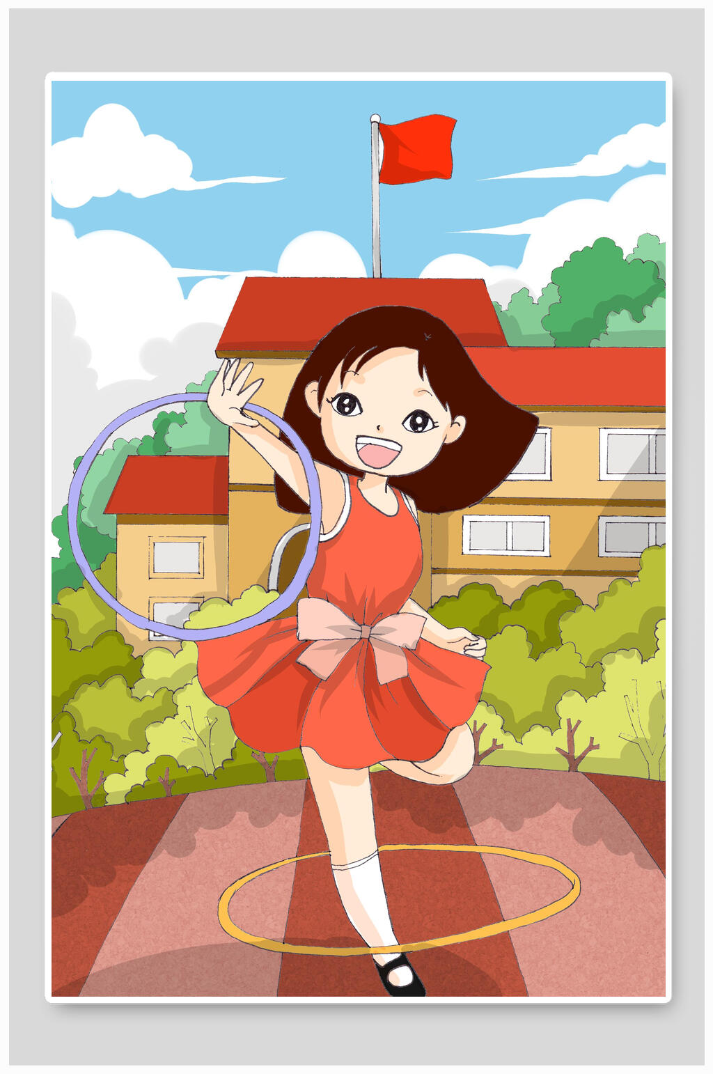 创意大气呼啦圈校园生活插画素材
