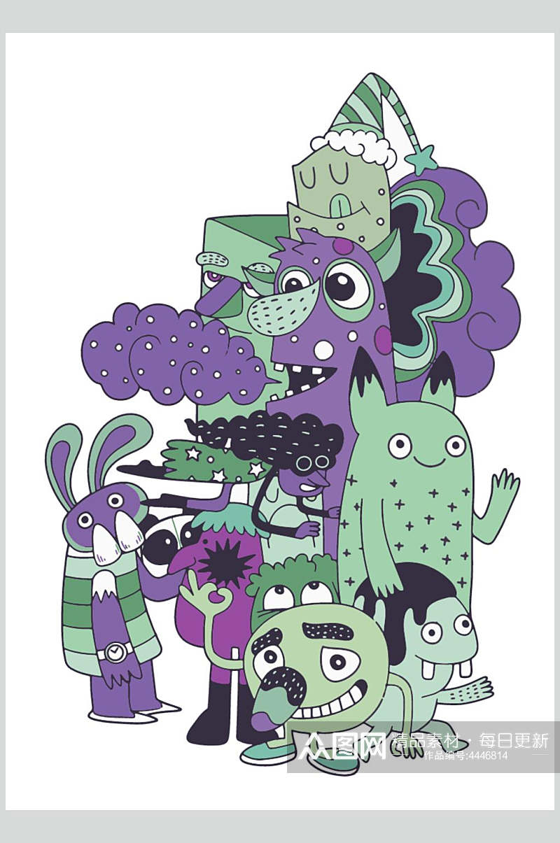云朵绿紫手绘清新涂鸦插画矢量素材素材