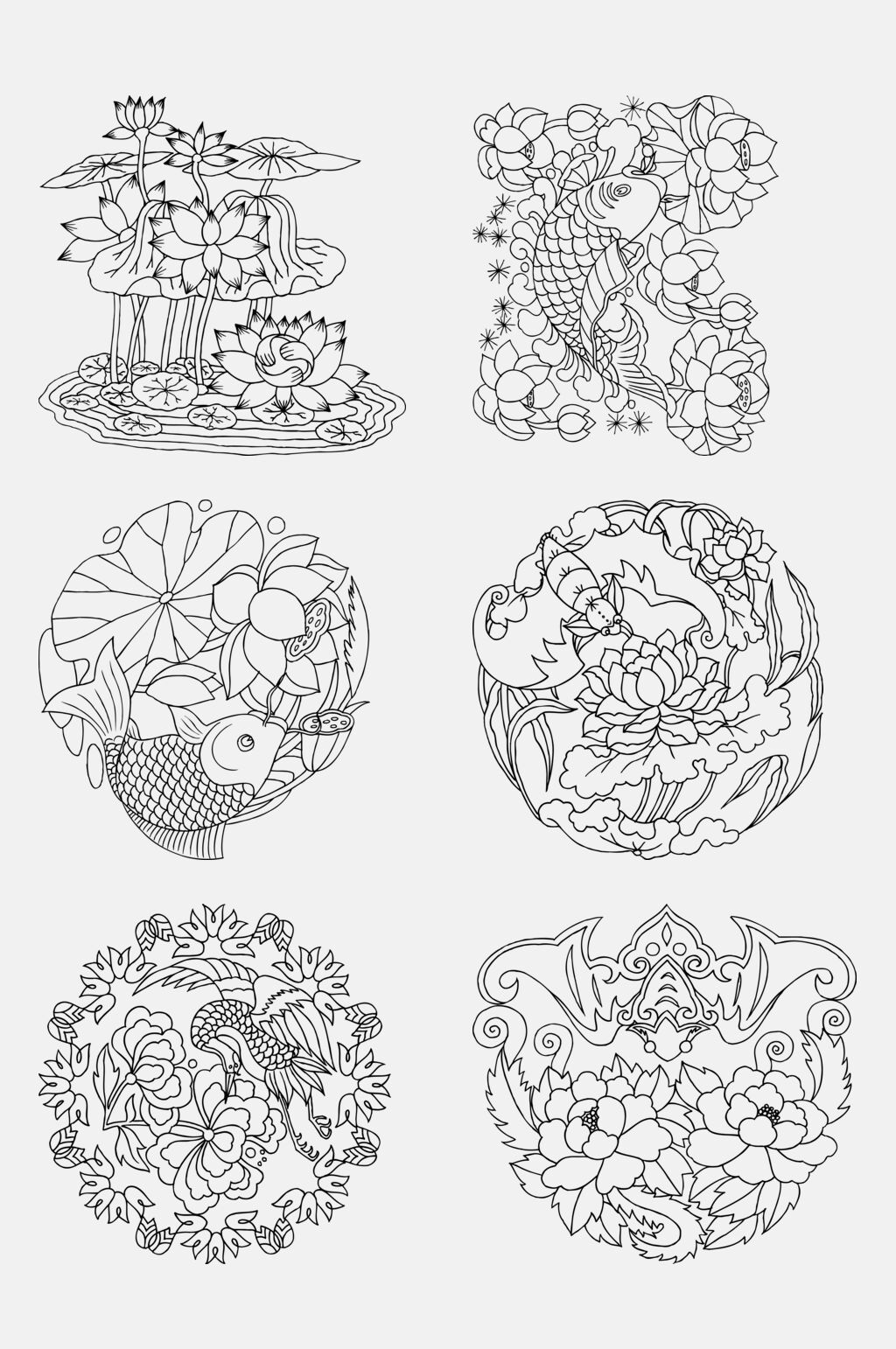 荷花极简古典线描纹样免抠素材素材