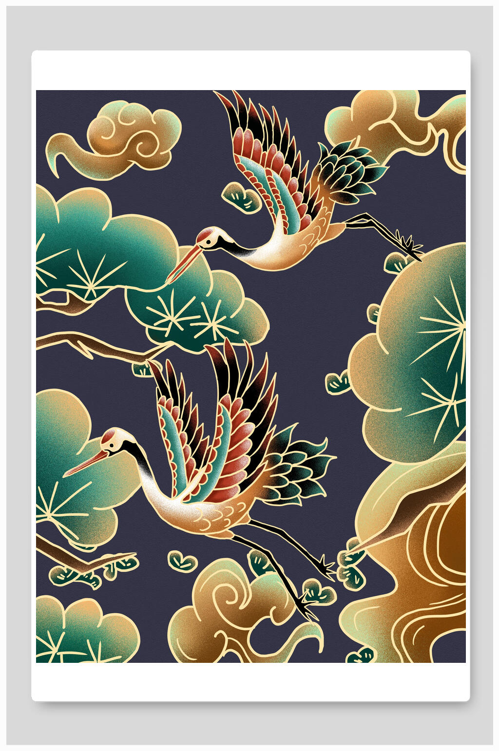 精美仙鹤祥云松柏国潮风插画素材