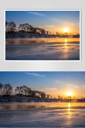 朝阳冰面冬季结冰的河上美丽的日出图片