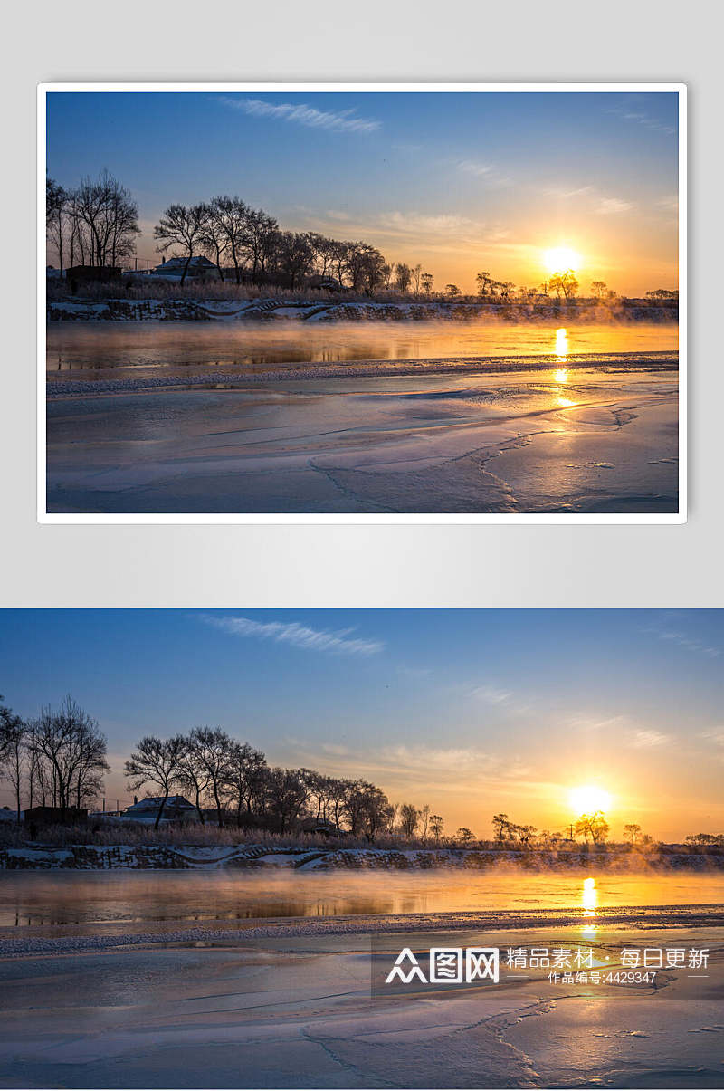 朝阳冰面冬季结冰的河上美丽的日出图片素材