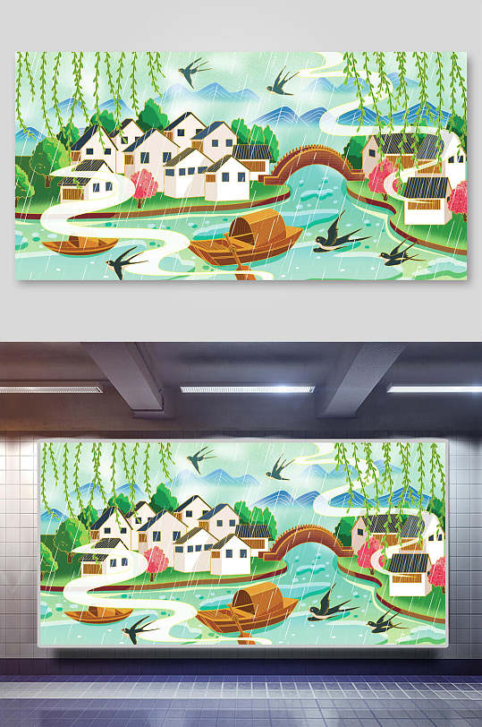 绿色房子柳树船鸟中国风插画