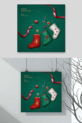 创意袜子彩带圣诞节海报素材