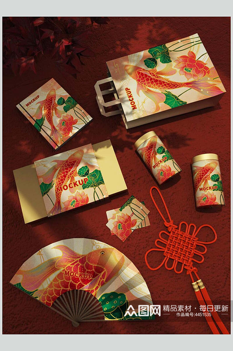 中国结扇形红新年礼盒贴图样机素材