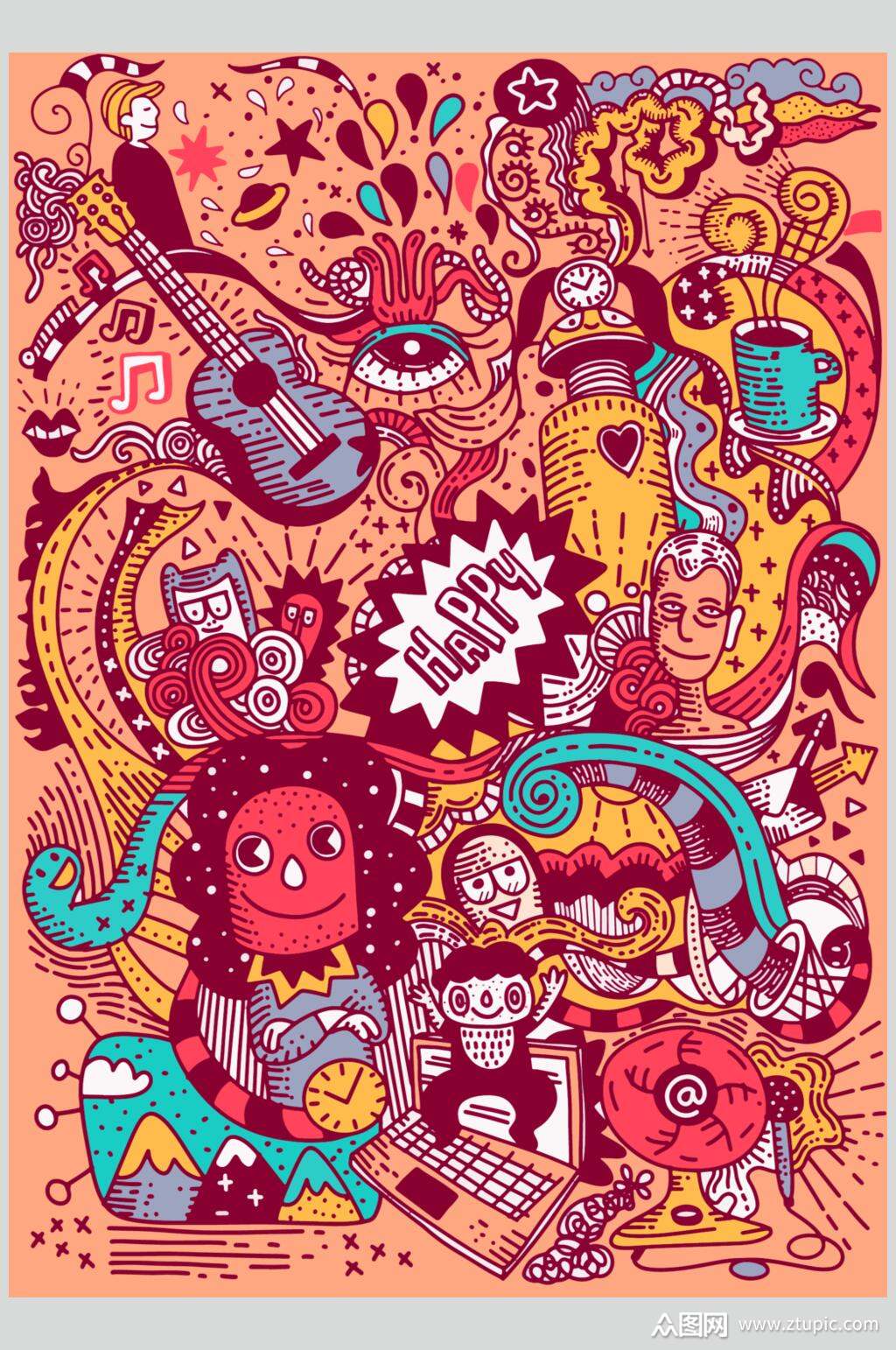 手绘简约涂鸦插画矢量素材模板下载-编号4446603-众图网