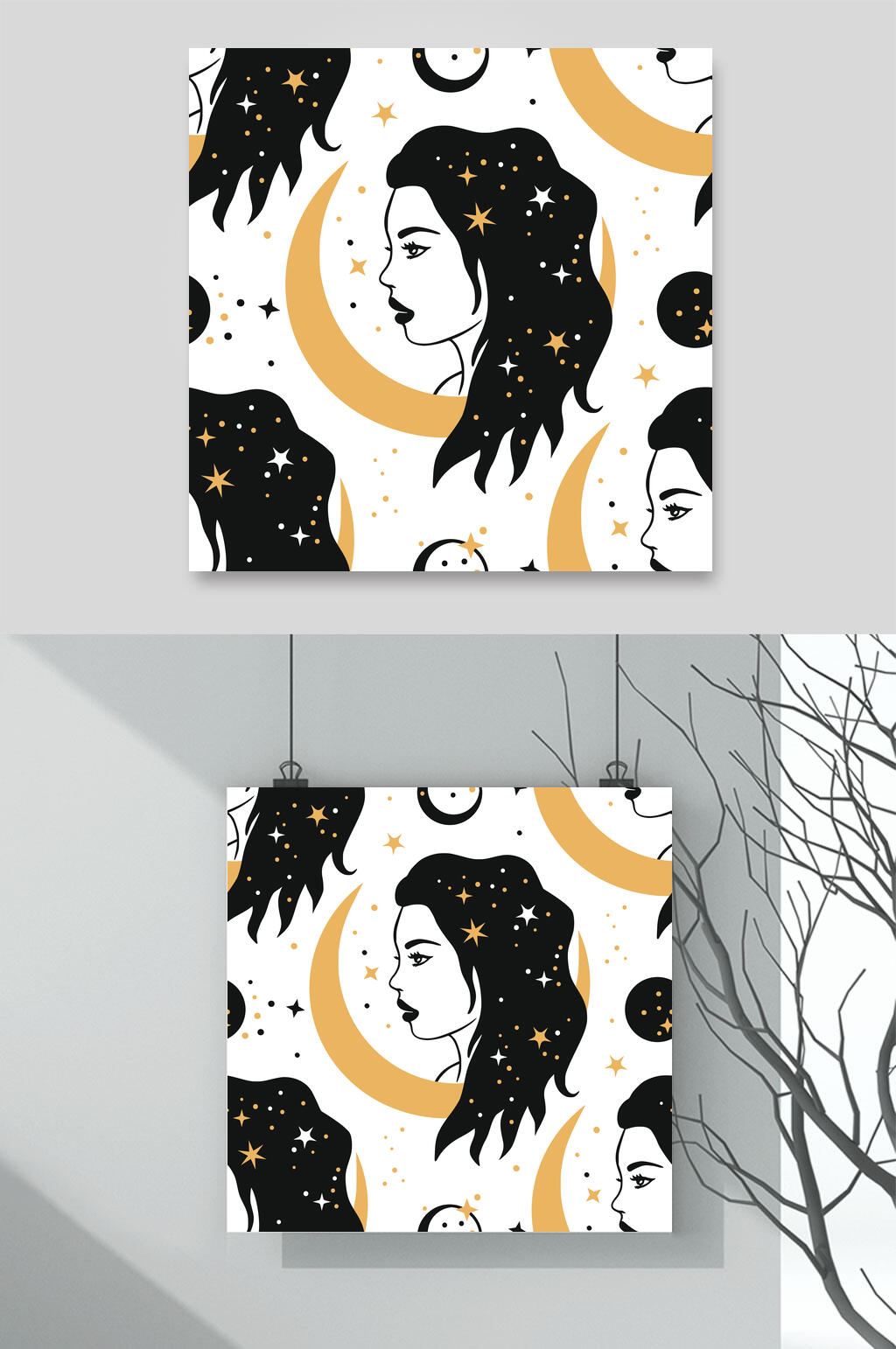 月亮少女侧面神秘占星天体矢量素材素材
