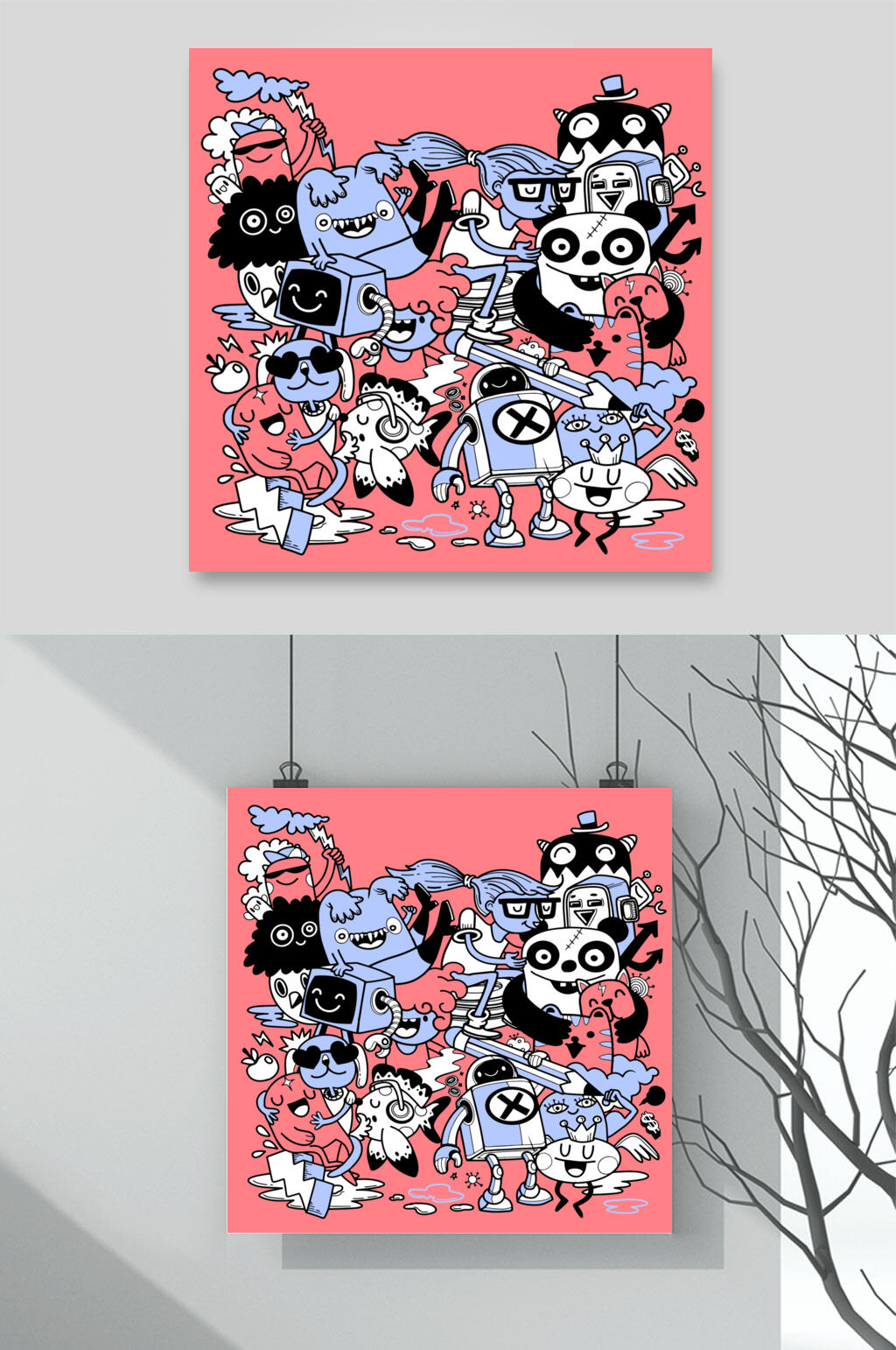 红蓝时尚熊猫可爱涂鸦插画矢量素材素材