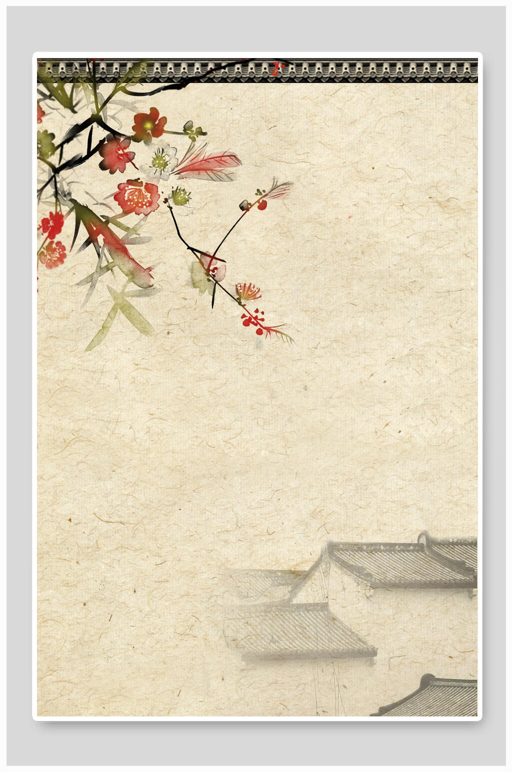 花朵房子黄色简约风古风工笔画背景素材