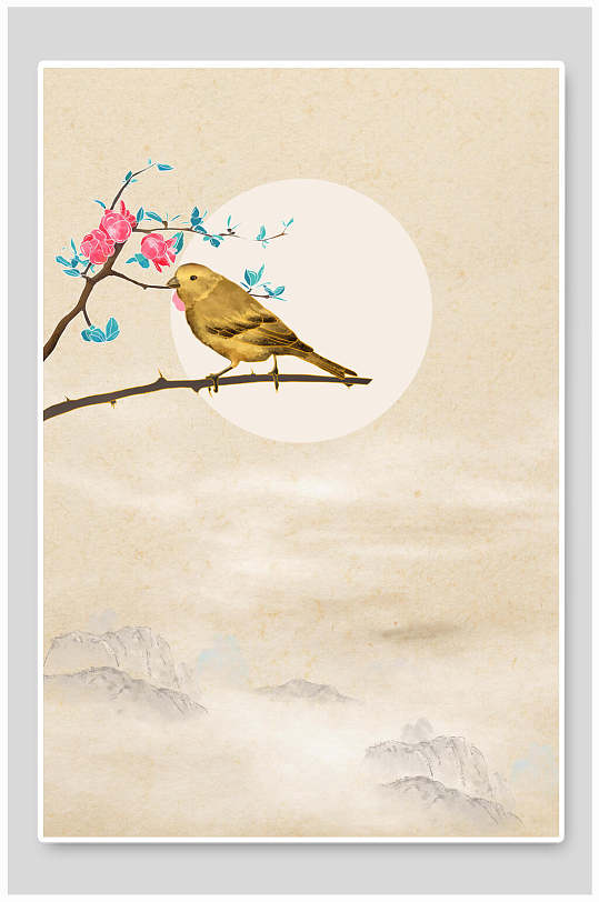 小鸟黄色花朵简约风古风工笔画背景