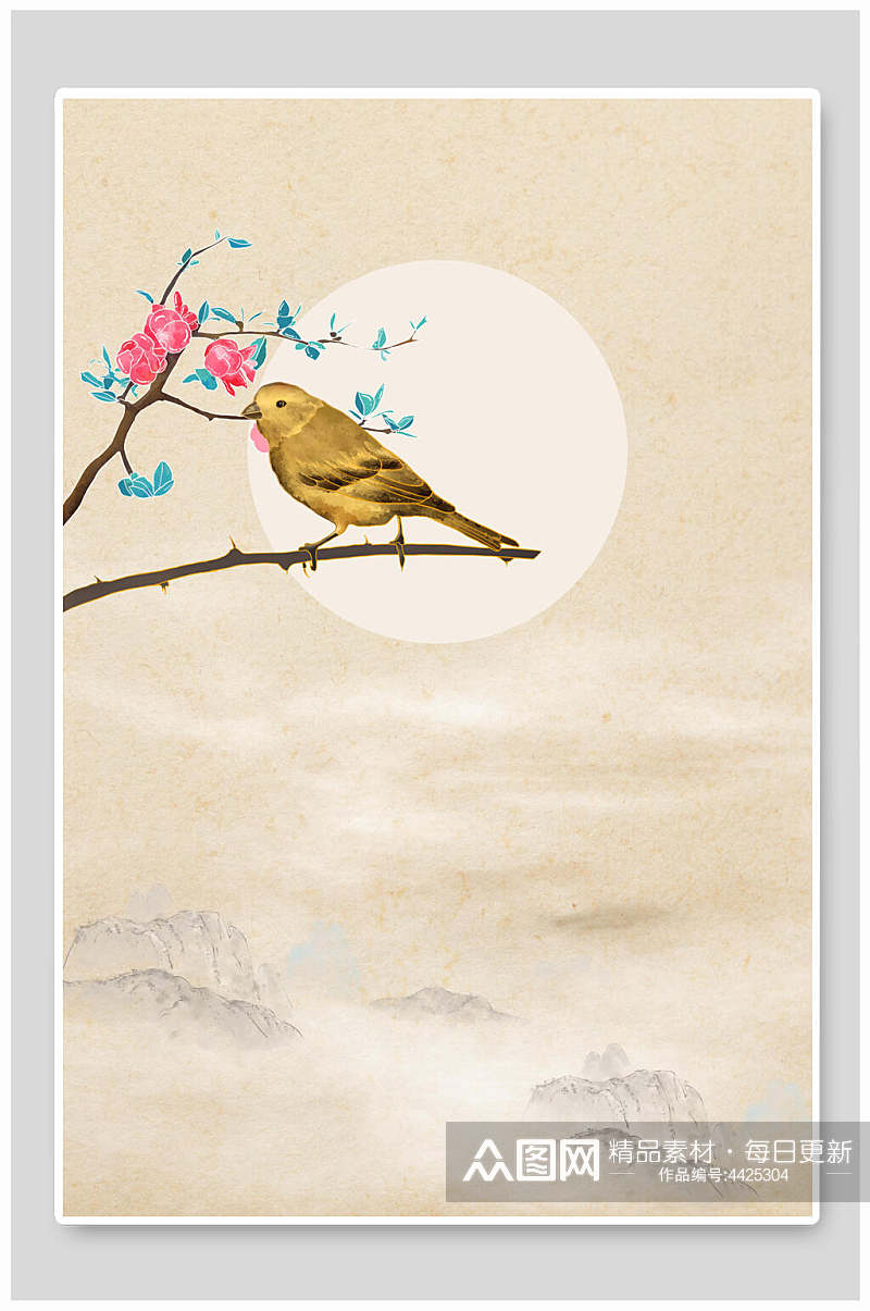 小鸟黄色花朵简约风古风工笔画背景素材
