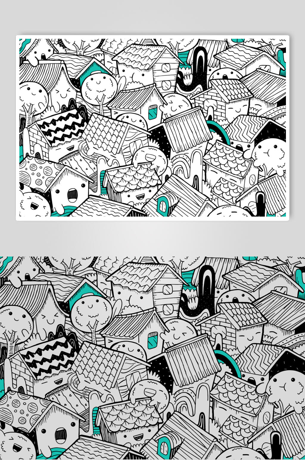 房子蓝灰笑脸清新涂鸦插画矢量素材素材