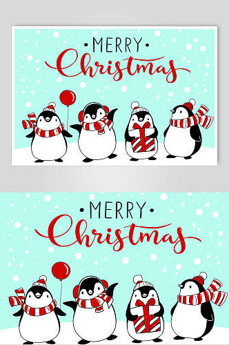 企鹅蓝红英文简约风圣诞节矢量素材