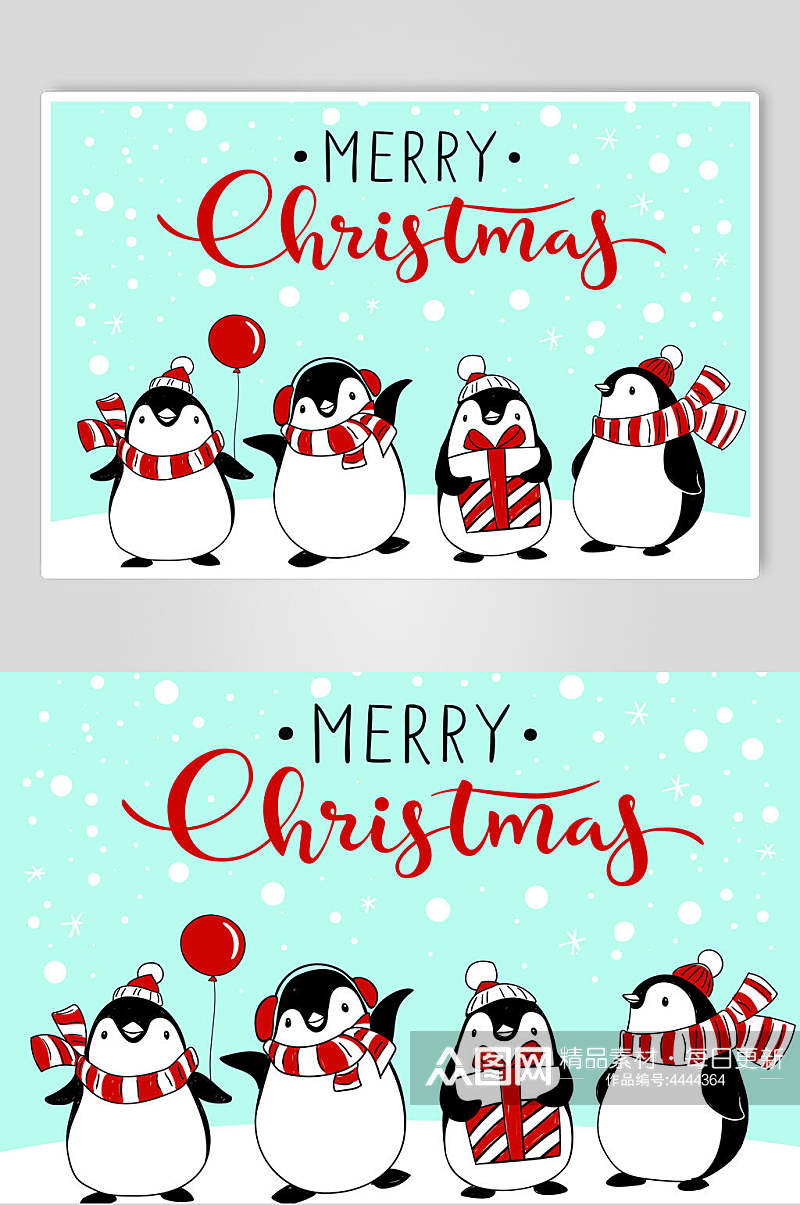 企鹅蓝红英文简约风圣诞节矢量素材素材