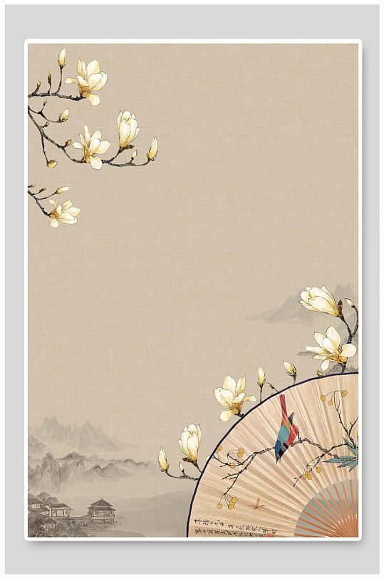 扇子花朵唯美山峰古风工笔画背景