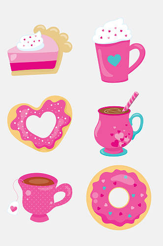 茶杯卡通爱心粉红图案免抠素材