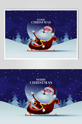 树木深蓝滑雪圣诞场景插画矢量素材